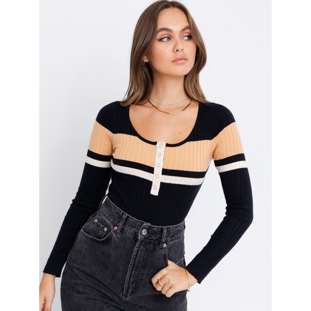 Long Sleeve Rib Knit Bodysuit Black Taupe Snap Front Bodysuit Fall Tops